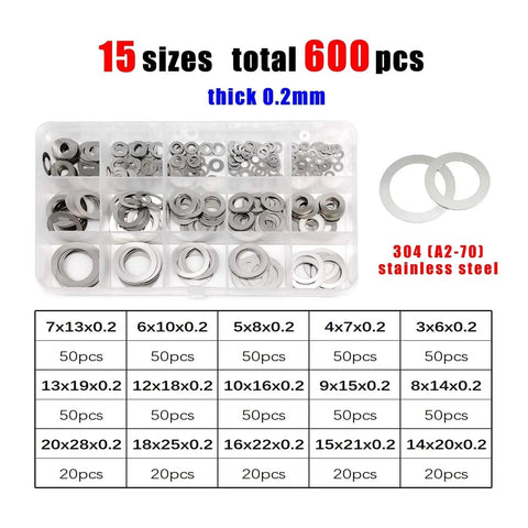 Pro Grade Ultrathin Flat Washer Set M3 To M20 600 Pieces 0.2mm Stainless Steel 304 A2-70 Shim Gasket Kit Box For Precise Load Distribution, Corrosion Resistance, Indoor Outdoor Use, Durable Hardware Spacers. 600-piece stainless steel washer set in labeled organizer