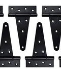 6 Inch T Strap Shed Door Hinges Heavy Duty Black Powder Coated Set Of 6 for wooden doors and gates, arranged flat view