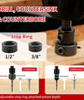 Professional 18 Piece Countersink Drill Bit Set Featuring Hex Shank Screwdriver Bits And Precision Depth Stop Collars, showcasing adjustable stop rings.