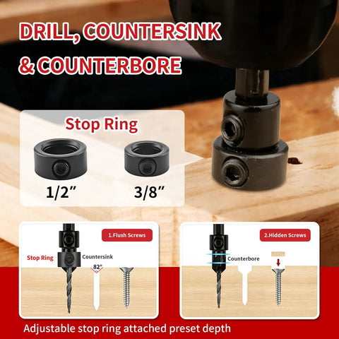 Professional 18 Piece Countersink Drill Bit Set Featuring Hex Shank Screwdriver Bits And Precision Depth Stop Collars, showcasing adjustable stop rings.