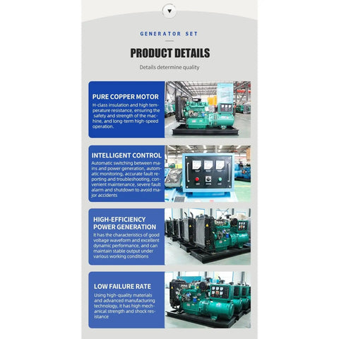 Job Site Ready Portable Generator Set For Temporary Outdoor Power And Commercial Backup Electric Supply With Slick Plug And Play Setup And Hella Tough Build You Can Trust product details including copper motor and control panel.