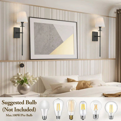 Two Pack Slim Wall Sconces With White Fabric Shades Plug In Or Hardwired Indoor Wall Lights Matte Black Bedside Lanterns