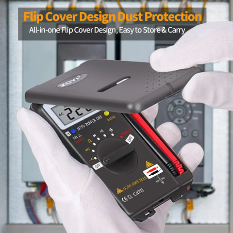 Starter-Friendly Digital Multimeter Card Tester With Auto Ranging 4000 Count displaying flip cover design in use