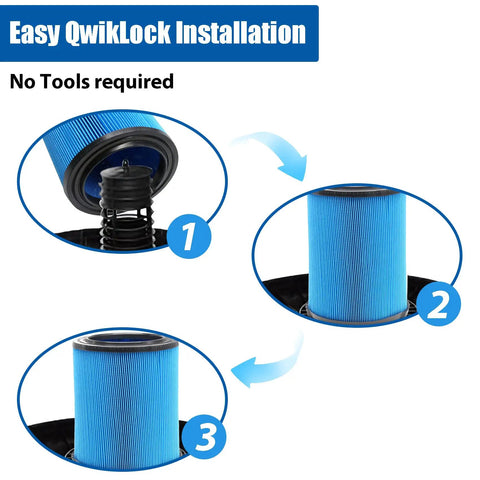 3-step installation process of 2 Pack 3 Layer VF5000 Replacement Filter For 5 To 20 Gallon Wet Dry Vacuums shown on diagram