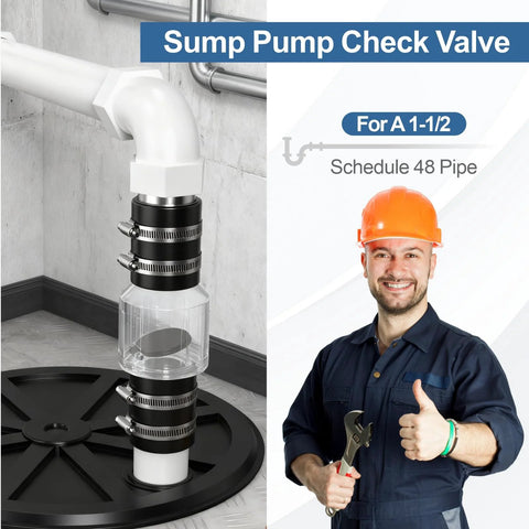 Installed 1-1/2 in sump pump check valve with clear body, spring-loaded flapper, Buna-N couplings, stainless clamps