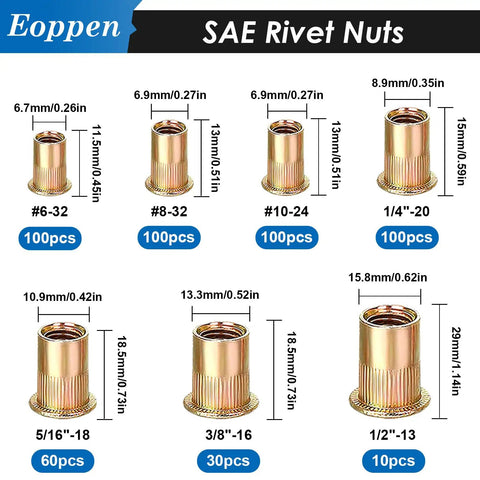 Rivet Nuts Set 1000Pcs SAE And Metric Nutserts With 14 Sizes Including 6-32 8-32 10-24 1/4-20 Zinc Plated Carbon Steel Display