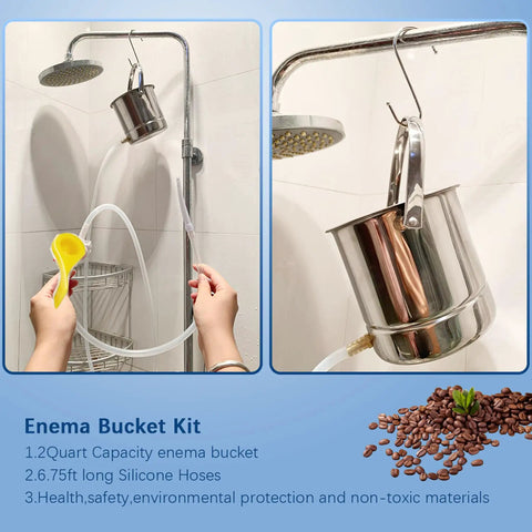 Coffee Enema Kit Stainless Steel 1.8 Qt Bucket Easy To Use No Fuss Setup With Food Grade 304 Stainless BPA Free Silicone Hose Phthalate Free Non Toxic Construction For Cleanse And Detox Enemas hanging in shower