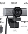 Next Level Ultra HD 4K Webcam For Smooth Streaming And Remote Calls Featuring AI Enhanced Framing And Crisp Gameplay Capture That Legit Goes Hard In Graphite with USB-C port and features.