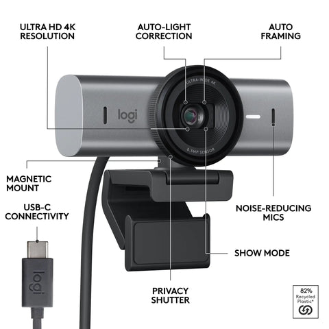 Next Level Ultra HD 4K Webcam For Smooth Streaming And Remote Calls Featuring AI Enhanced Framing And Crisp Gameplay Capture That Legit Goes Hard In Graphite with USB-C port and features.