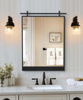 Dope Barn Door Vibe Farmhouse Mirror 28 By 20 Inches In Matte Black Metal Frame over bathroom sink with rustic decor