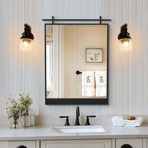 Dope Barn Door Vibe Farmhouse Mirror 28 By 20 Inches In Matte Black Metal Frame over bathroom sink with rustic decor