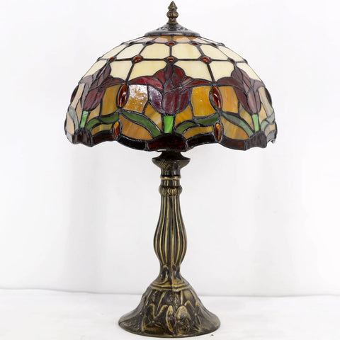 Tiffany Style Stained Glass Tulip Table Lamp For Bedroom And Living Room, Killer Bedside Reading Desk Light, 12 Inch Shade, 18 Inch Tall, Antique Green Bronze Base, UL Listed, S030 Series, front view.