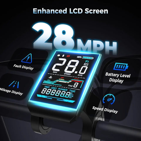 Enhanced LCD screen of All Terrain Off Road Electric Bike For Adults With 2000W Peak Power 16 Inch Wheels 55 Plus Miles On A Charge