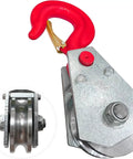 Heavy Duty Snatch Block With Hook For 1/2 To 5/8 Inch Wire Rope 3 Ton Winch Pulley For Tow Trucks Rollback Haulers Durable Galvanized Steel Rigging Accessory For Safer Lifts, red hook view