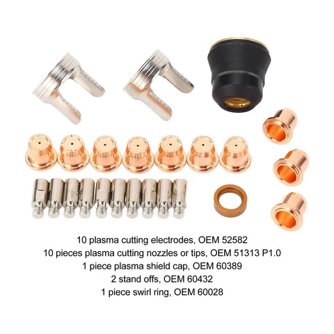 Fabater 24 Piece Plasma Cutting Torch Tip Kit With Electrodes Nozzles Stand Off Swirl Rings For PT-60 PTM-60 IPT-40 Cutters, includes nozzles and electrodes.