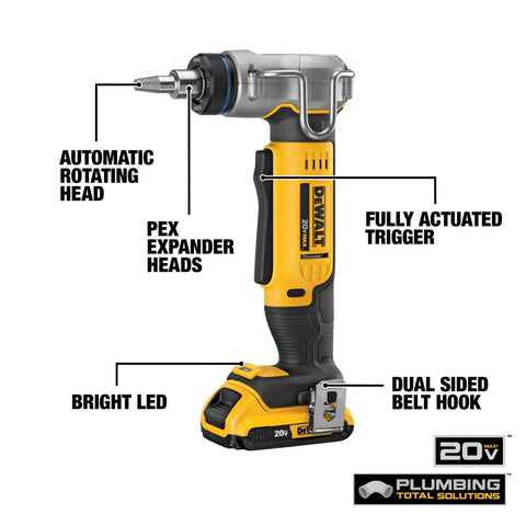 20V Max PEX Expander Tool Kit For 1 Inch Tubing showing features like automatic rotating head, LED, and fully actuated trigger.