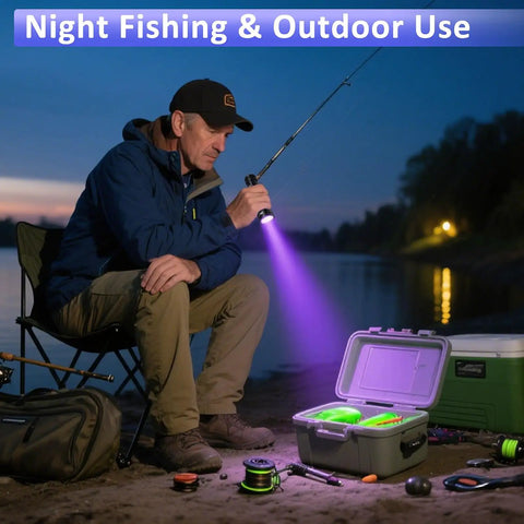 Person using 395 Nm UV Scuba Dive Light With Power Indicator for night fishing on riverbank with glowing tackle box.