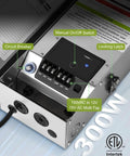 Smart Landscape Lighting Transformer With WiFi 300W Outdoor Low Voltage Timer For Spotlight And Pathway Lights Works With Alexa And Google Assistant Astronomical Timer No Hub Needed ETL Listed, showing control panel with labeled manual on/off switch and multi-tap outputs.