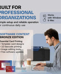 Slick Dual Sided ID Card Printer Delivers Straight Photo Quality Prints At 300 By 600 DPI on a desk with user working on a computer.