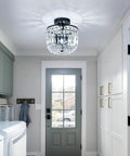 Totally Chic Crystal Chandelier Two Light Modern Semi Flush Mount Ceiling Fixture for Hallway Kitchen Foyer Black Finish, E26 Base Bulbs Not Included, Sparkling Compact Design for Warm Ambience in hallway setting.