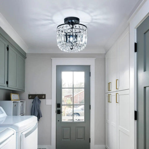 Totally Chic Crystal Chandelier Two Light Modern Semi Flush Mount Ceiling Fixture for Hallway Kitchen Foyer Black Finish, E26 Base Bulbs Not Included, Sparkling Compact Design for Warm Ambience in hallway setting.