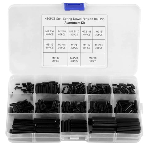 Garage Ready 430 Piece Roll Pin Assortment Kit Pro Grade Carbon Steel Slotted Spring Pins Set in plastic compartment case