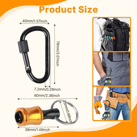 24 Pieces One Quarter Inch Hex Shank Drill Bit Holder Keychain with carabiner and measurements shown with belt attachment.