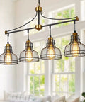 Rustic Lit 4 Light Pendant Lighting For Kitchen Island And Dining Room with clear glass shades in a kitchen setting.