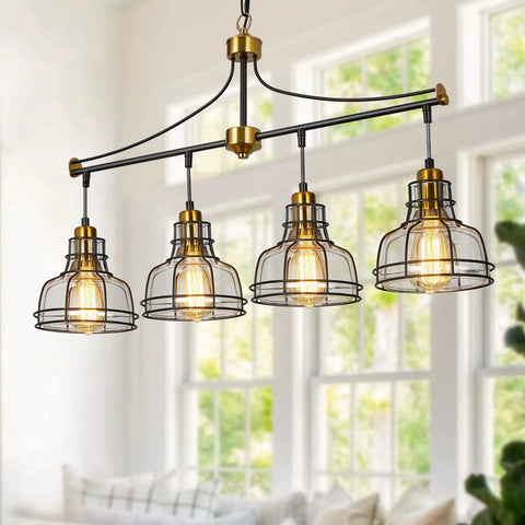 Rustic Lit 4 Light Pendant Lighting For Kitchen Island And Dining Room with clear glass shades in a kitchen setting.