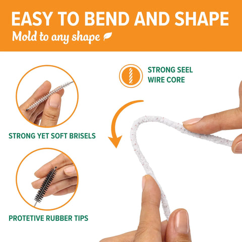 Hands bending Heavy Duty Pipe Cleaners Tool Set 132 Hard Bristle Scrubbers, showing wire core and bristle tips detail.