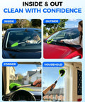 Extendable Interior Windshield Cleaner Tool With Four Plush Microfiber Pads For Streak Free Car And Home Window Detailing That Pulls Double Duty Without Any Sweat in use on vehicle glass and household windows.