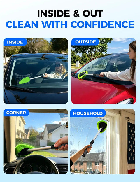 Extendable Interior Windshield Cleaner Tool With Four Plush Microfiber Pads For Streak Free Car And Home Window Detailing That Pulls Double Duty Without Any Sweat in use on vehicle glass and household windows.