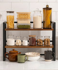 Two Tier Wood Desk Shelf Organizer with jars and dishes on a kitchen counter, space saving desktop bookshelf and storage rack