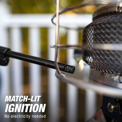 Close-up of 540-Degree 45,000 BTU Tank Top Radiant Propane Heater with match-lit ignition and mesh cover, no electricity required.