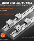 Heavy Duty Linear Rail Kit With 2 1200mm Rails And 4 SBR20UU Carriage Blocks For DIY CNC Routers And Auto Machines Smooth Glide And Precise Motion For Automated Projects showing aluminum alloy components and carbon steel linear shaft.