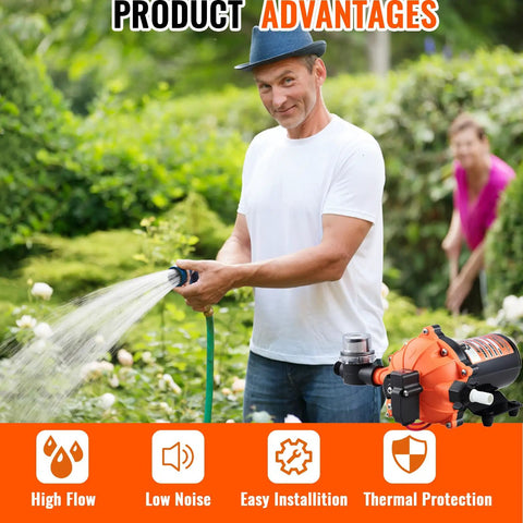 Man using 12V RV Fresh Water Pump That Delivers 7 GPM At 75 PSI Self Priming Diaphragm With Pressure Switch And Filter Ultra Quiet 5 Chamber Design For RV Boat Yacht Camper Garden Irrigation in garden