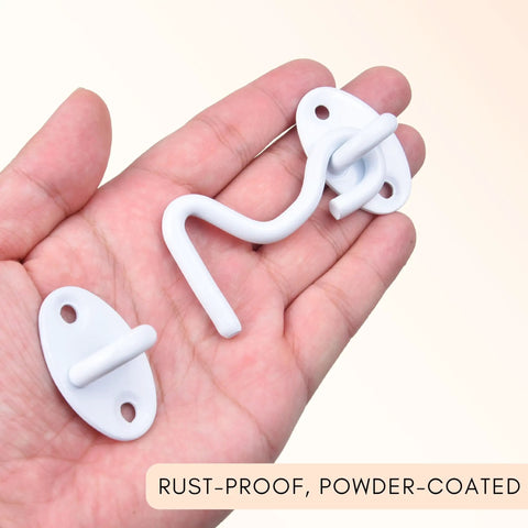 3-Inch Heavy Duty Hook And Eye Latch Set, 2 Pack With 8 Mounting Screws, White Powder Coated Stainless Steel in hand