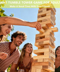 Giant Wooden Tumbling Tower 5.3 Feet Tall With 60 Premium Pieces, adults playing outdoors with the wooden stacking game.