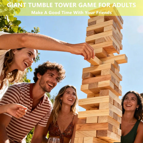 Giant Wooden Tumbling Tower 5.3 Feet Tall With 60 Premium Pieces, adults playing outdoors with the wooden stacking game.