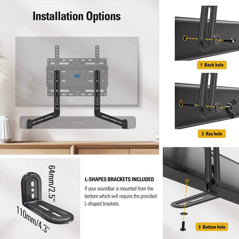 Installation options for Reliable Soundbar Wall Mount Bracket Supports Up To Fifteen Pounds with L-shaped brackets included.