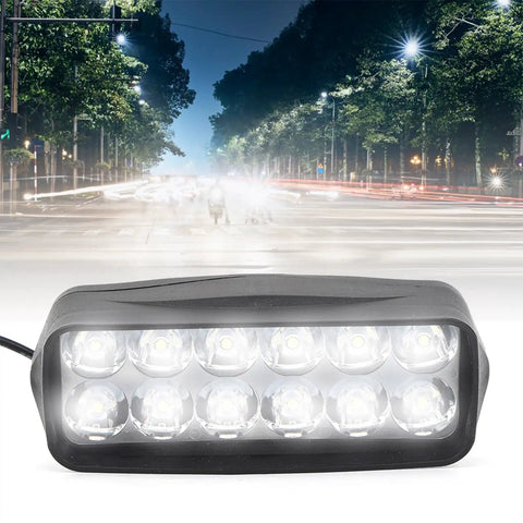 Universal 12V to 80V 6W LED Headlight for E Bikes and Motorcycles showing 12 LED beads, durable aluminum housing