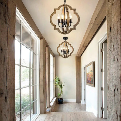 Rustic 4 Light Orb Chandelier Handcrafted From Solid Wood With Black Metal Details Ideal For Dining Room Kitchen Island Hallway Or Entryway Delivers Cozy Warm Farmhouse Glow And Modern Farmhouse Charm above a hallway