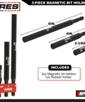 Three Piece Magnetic Bit Holder Set with Quarter Inch Hex Shank for power drills, includes 2.5, 4, and 6 inch extensions.