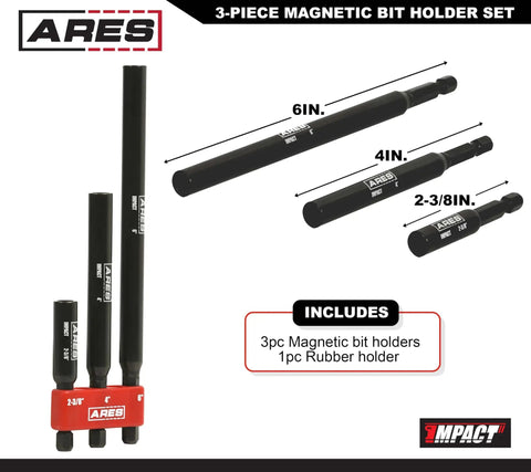 Three Piece Magnetic Bit Holder Set with Quarter Inch Hex Shank for power drills, includes 2.5, 4, and 6 inch extensions.