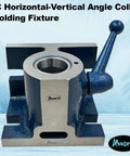 Heavy Duty 5C Collet Holding Fixture With Quick Release Lever Design For Horizontal Or Vertical Machining Setup and Rock Solid Workpiece Clamping Grip Around The Shop Floor. 5-inch base, steel frame, blue finish.