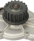 Thinking Process: silver metal engine water pump with black pulley, rear angle, for Toyota and Lexus timing kit repair