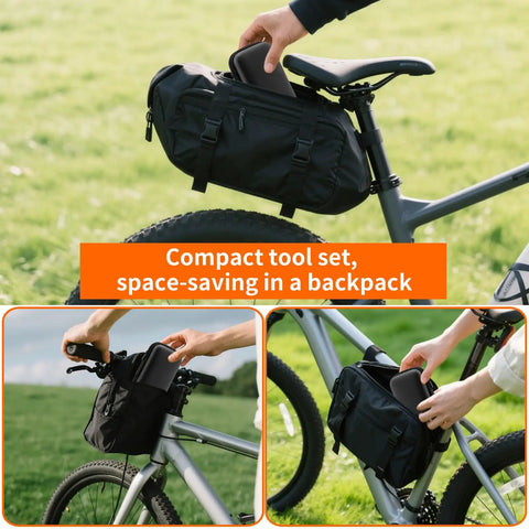 Bike Repair Kit 16 In 1 Multitool Portable Bicycle Tools With Tire Patch Kit in compact case on bike