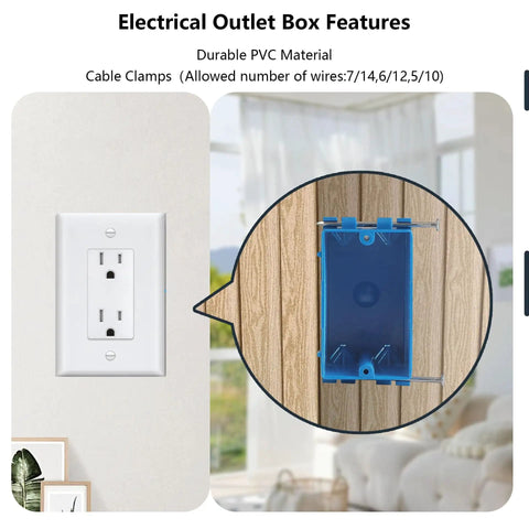 Close-up of blue PVC 18 cu in 1 gang switch outlet box installed in wall, highlighting 10 Pack Single Gang New Work Electrical Boxes Blue PVC 18 Cu In 1 Gang Switch Outlet Box For Residential And Commercial Jobs Easy Install Durable Nail In Wall Box Pro Grade Heavy Duty