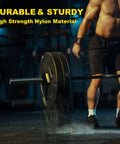 Man using 2 Inch Olympic Barbell Clamps With Non Slip Quick Release Collars For Heavy Lifts Grippy Weight Plate Holders in gym