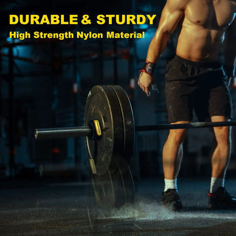 Man using 2 Inch Olympic Barbell Clamps With Non Slip Quick Release Collars For Heavy Lifts Grippy Weight Plate Holders in gym